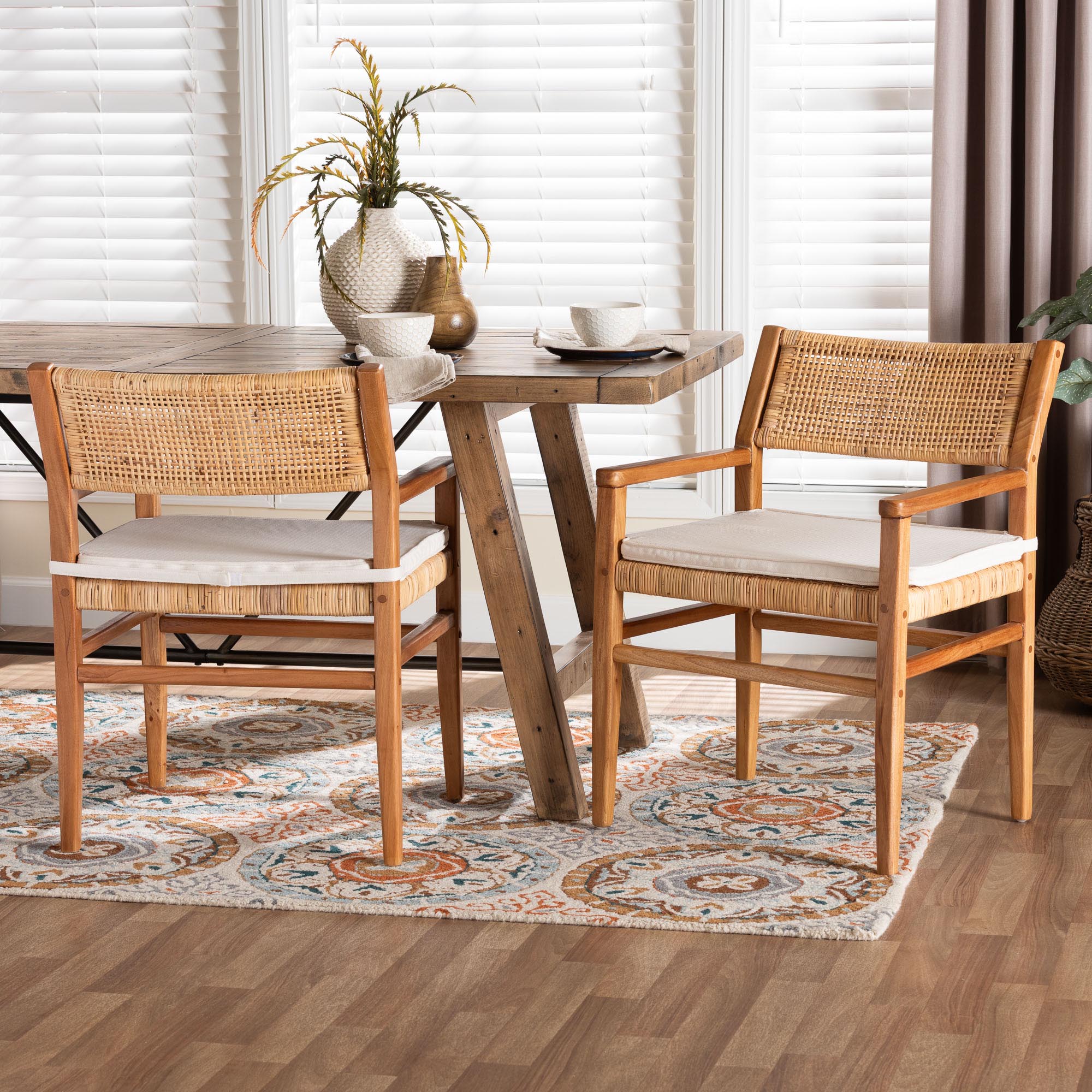 bali & pari Chatura Rattan and Mahogany Wood 2-Piece Dining Armchair Set - Handwoven Wicker Dining Chair with Angled Back, Coastal Boho Seating for Dining or Kitchen