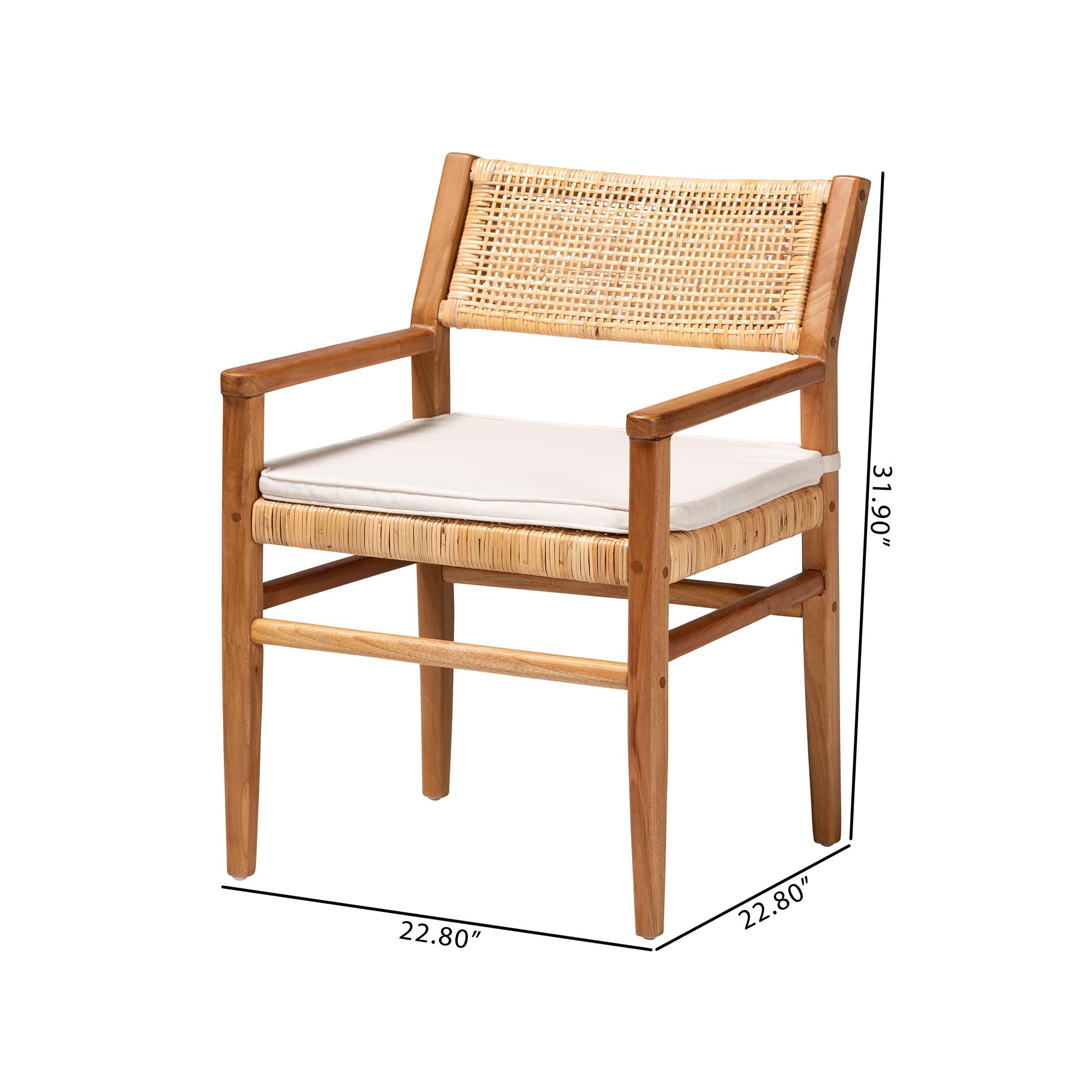 bali & pari Chatura Rattan and Mahogany Wood 2-Piece Dining Armchair Set - Handwoven Wicker Dining Chair with Angled Back, Coastal Boho Seating for Dining or Kitchen