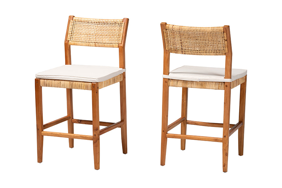 bali & pari Chatura Rattan and Mahogany Wood 2-Piece Counter Stool Set - Handwoven Wicker Stool with Angled Back, Coastal Boho Seating for Kitchen Island, Counter Height