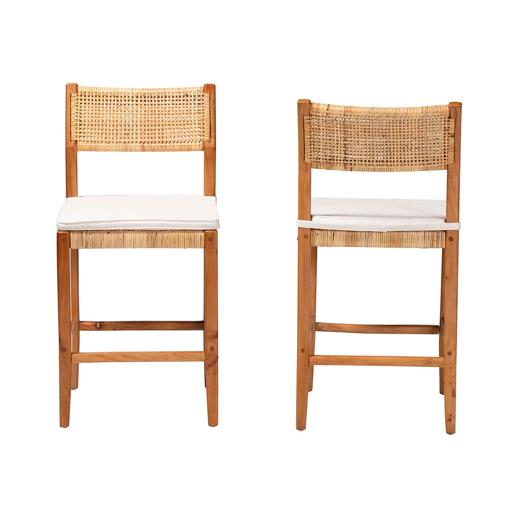 bali & pari Chatura Rattan and Mahogany Wood 2-Piece Counter Stool Set - Handwoven Wicker Stool with Angled Back, Coastal Boho Seating for Kitchen Island, Counter Height