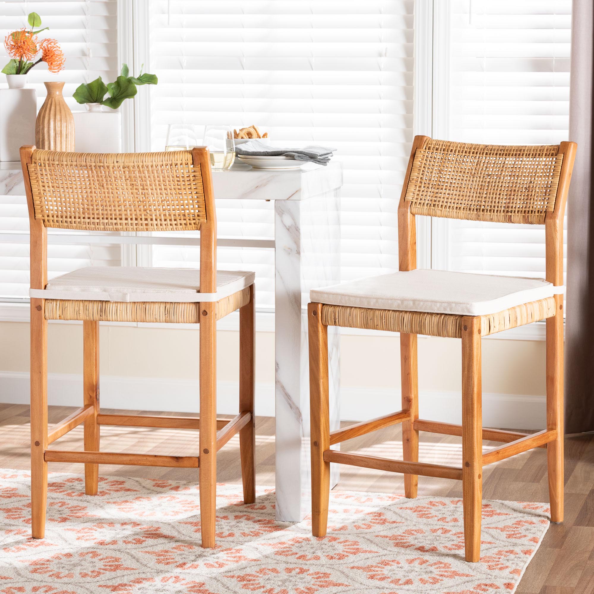 bali & pari Chatura Rattan and Mahogany Wood 2-Piece Counter Stool Set - Handwoven Wicker Stool with Angled Back, Coastal Boho Seating for Kitchen Island, Counter Height