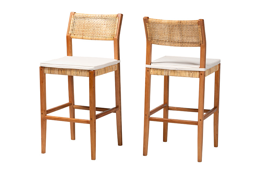 bali & pari Chatura Rattan and Mahogany Wood 2-Piece Bar Stool Set - Handwoven Wicker Stool with Angled Back, Coastal Boho Seating for Lounge, Bar Height