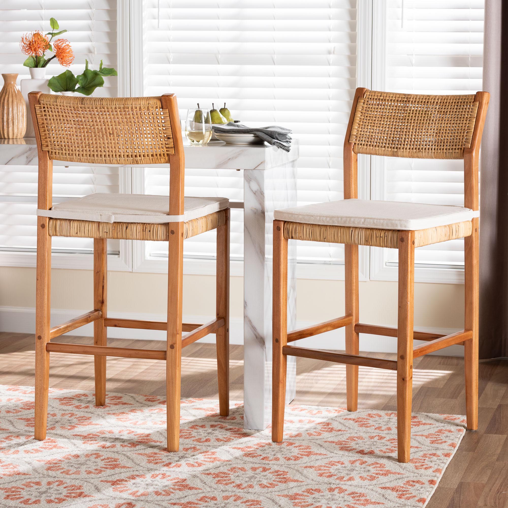 bali & pari Chatura Rattan and Mahogany Wood 2-Piece Bar Stool Set - Handwoven Wicker Stool with Angled Back, Coastal Boho Seating for Lounge, Bar Height