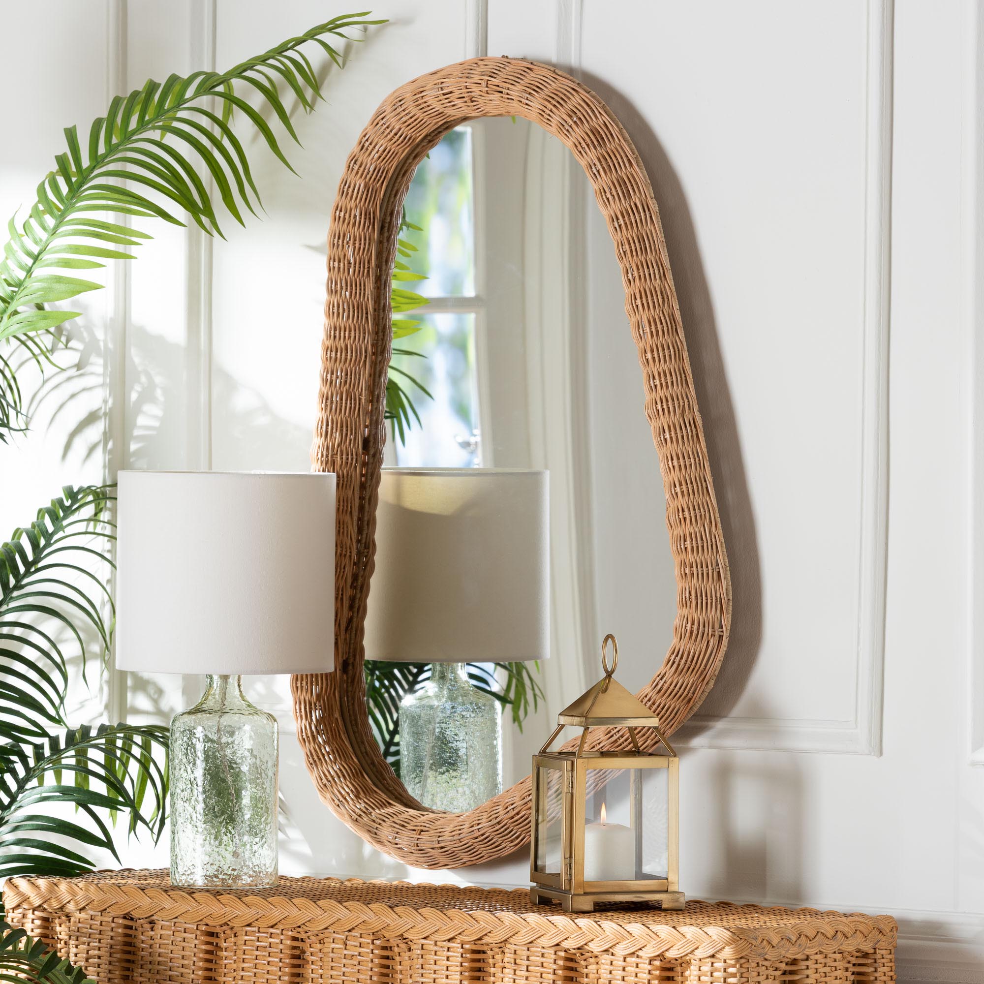 bali & pari Ulrica Rattan Wall Mirror - Handwoven Wicker Irregular Shape Accent Mirror for Living Room, Bedroom, or Entryway