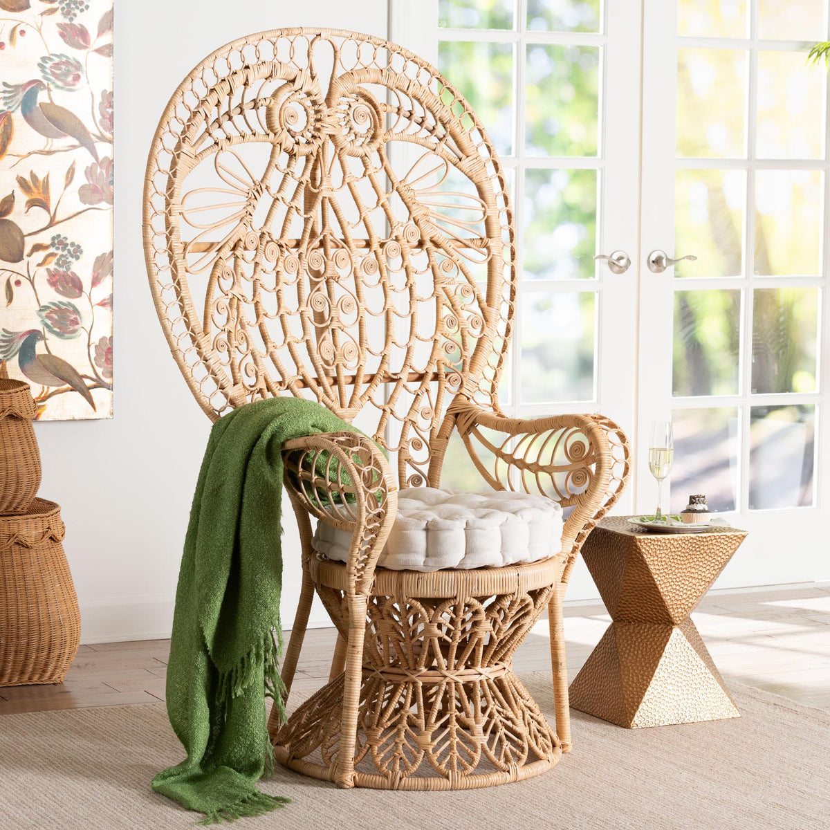 Bali & Pari Kimiko Rattan Peacock Chair with Cushion Handwoven Wicker Accent Chair