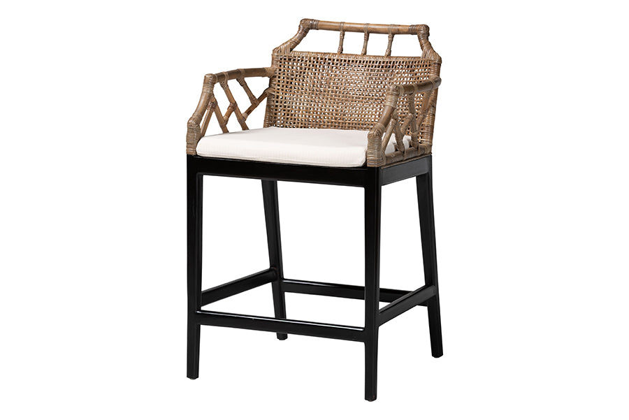 bali & pari Abiel Rattan Counter Stool with Arms and Removable Cushion - Handwoven Wicker Stool with Mahogany Wood Frame, Coastal Boho Seating for Kitchen or Dining Area