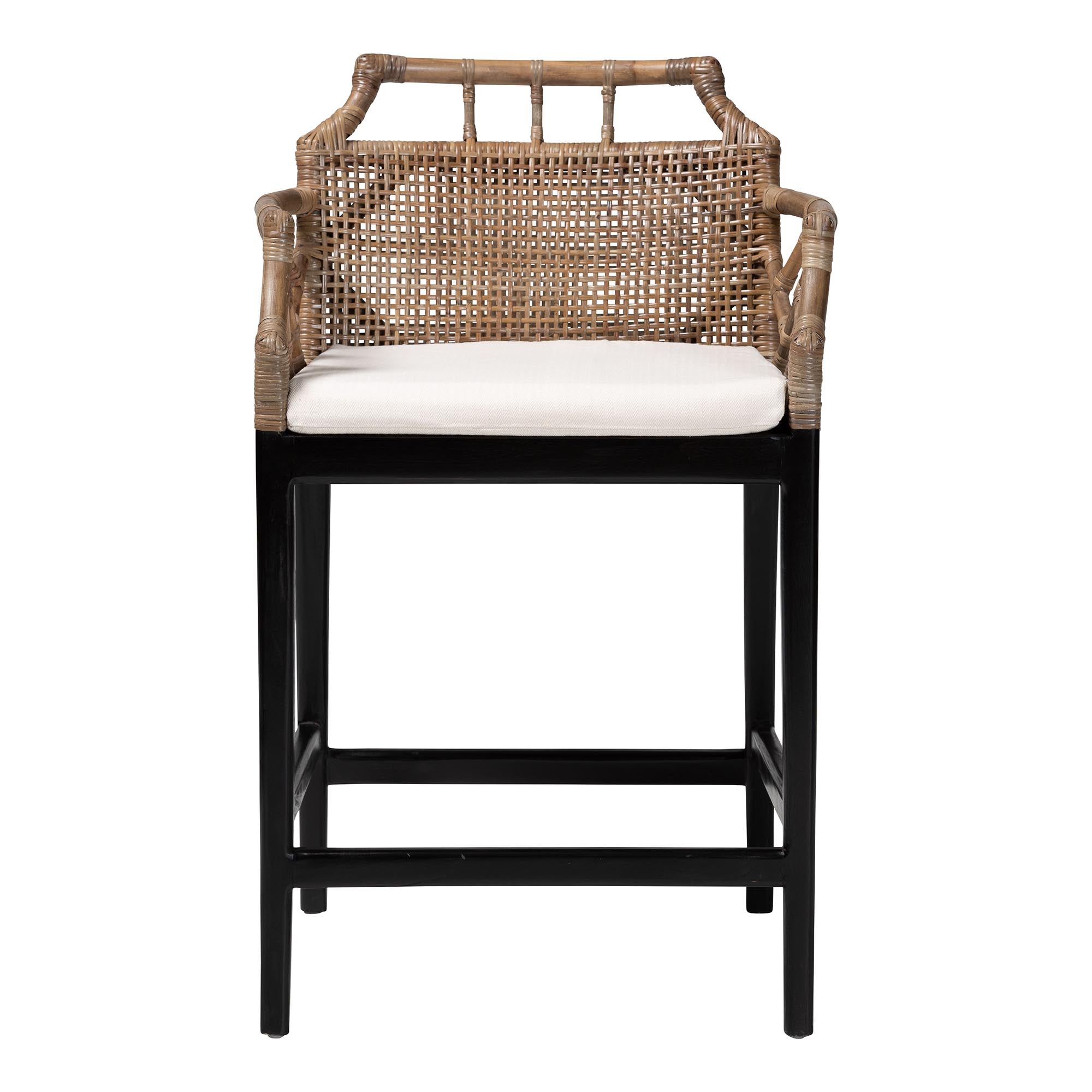 bali & pari Abiel Rattan Counter Stool with Arms and Removable Cushion - Handwoven Wicker Stool with Mahogany Wood Frame, Coastal Boho Seating for Kitchen or Dining Area