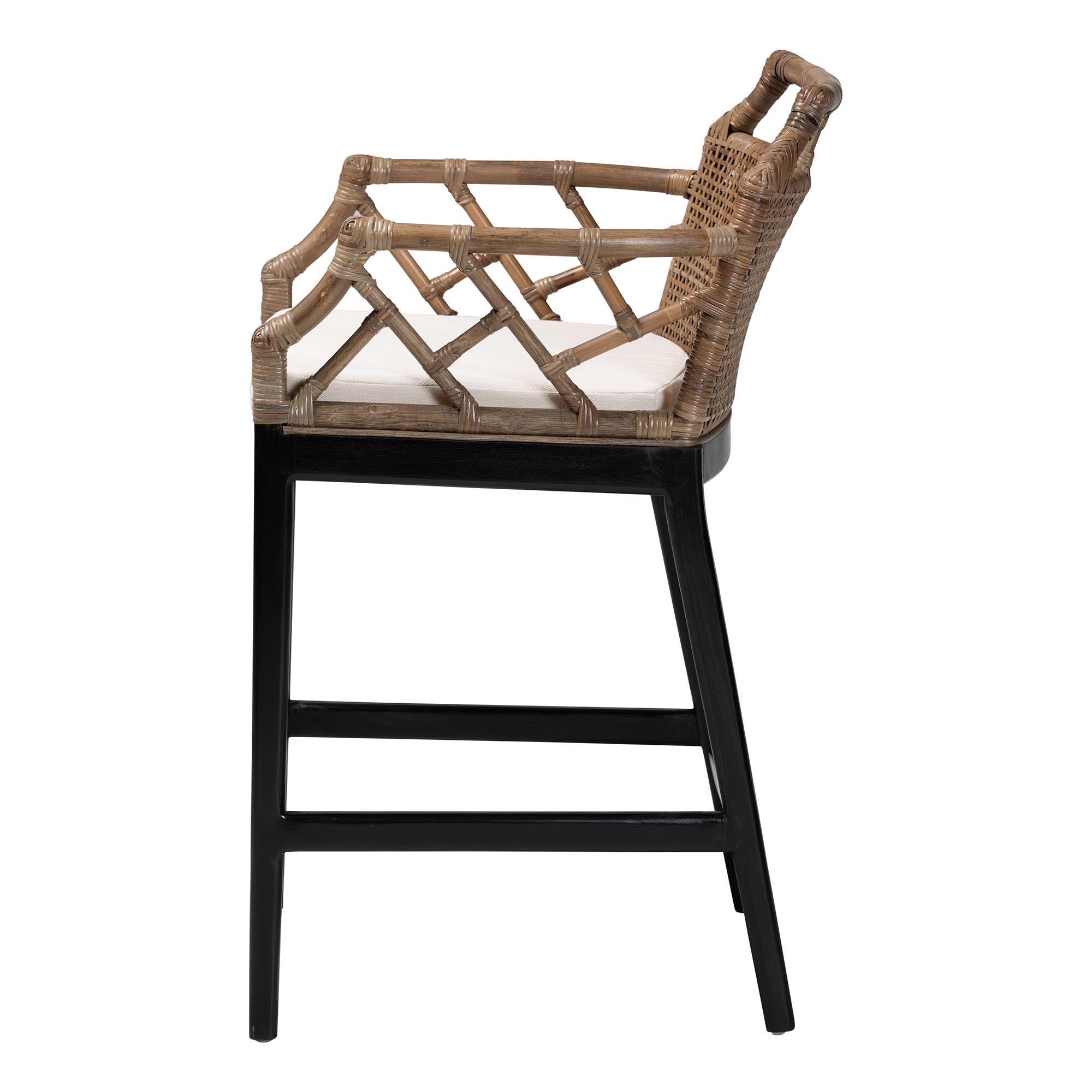 bali & pari Abiel Rattan Counter Stool with Arms and Removable Cushion - Handwoven Wicker Stool with Mahogany Wood Frame, Coastal Boho Seating for Kitchen or Dining Area