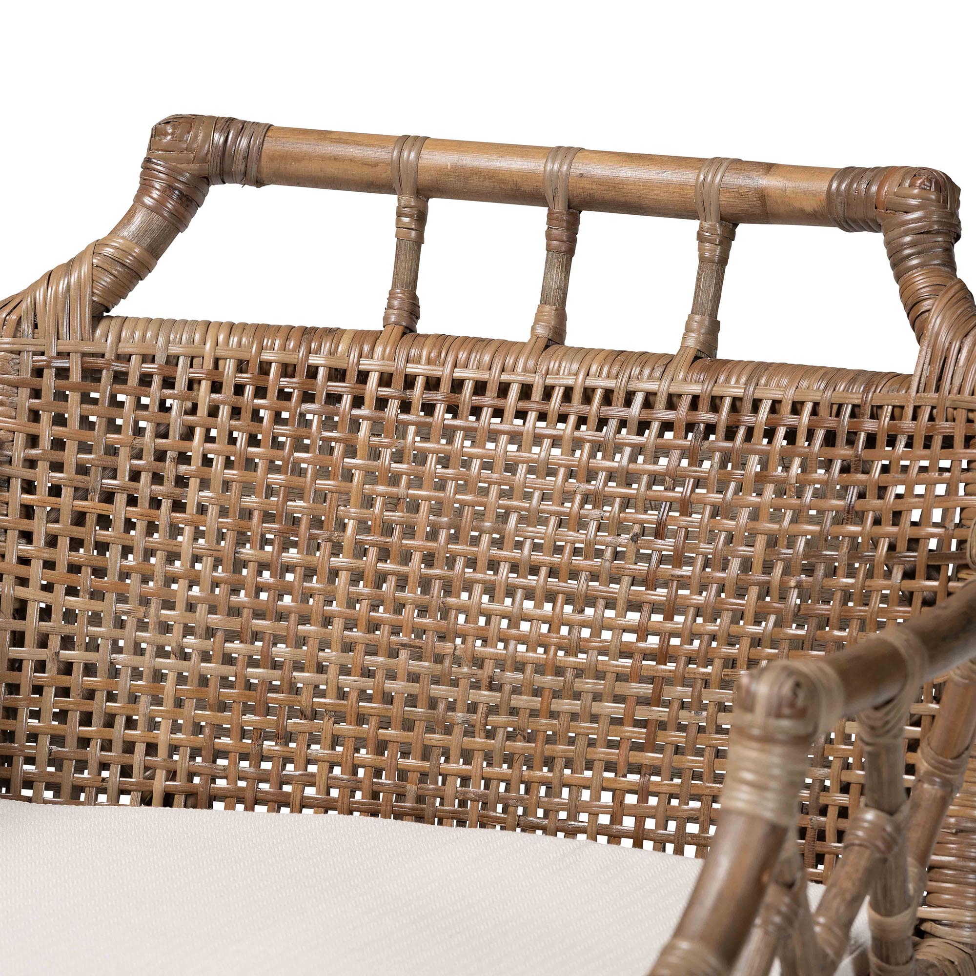 bali & pari Abiel Rattan Counter Stool with Arms and Removable Cushion - Handwoven Wicker Stool with Mahogany Wood Frame, Coastal Boho Seating for Kitchen or Dining Area