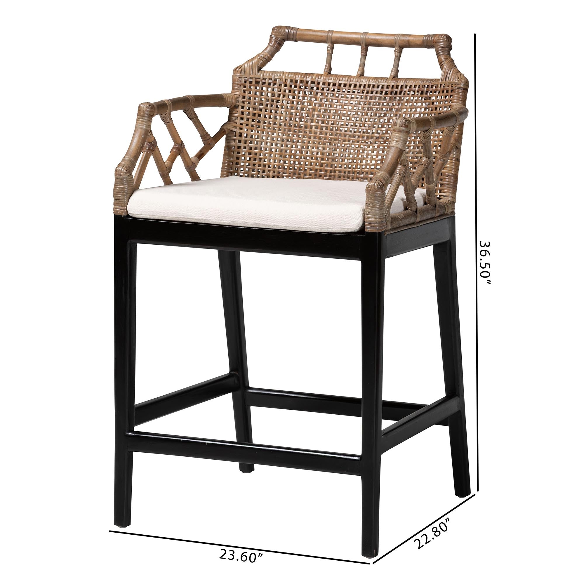 bali & pari Abiel Rattan Counter Stool with Arms and Removable Cushion - Handwoven Wicker Stool with Mahogany Wood Frame, Coastal Boho Seating for Kitchen or Dining Area