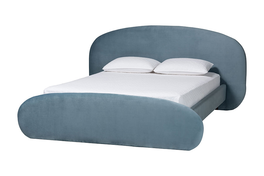 Ekram Velvet Upholstered Platform Bed - Mid-Century Modern Bed Frame with Curved Headboard and Accent Footboard, Classic Luxe Bedroom Centerpiece,