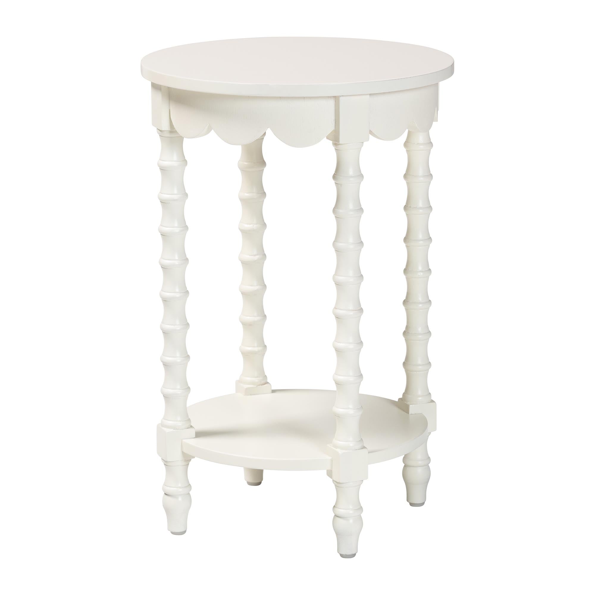 Sally Round Nightstand with Bamboo Inspired Legs - Scalloped Bedroom Side Table with Open Shelf,