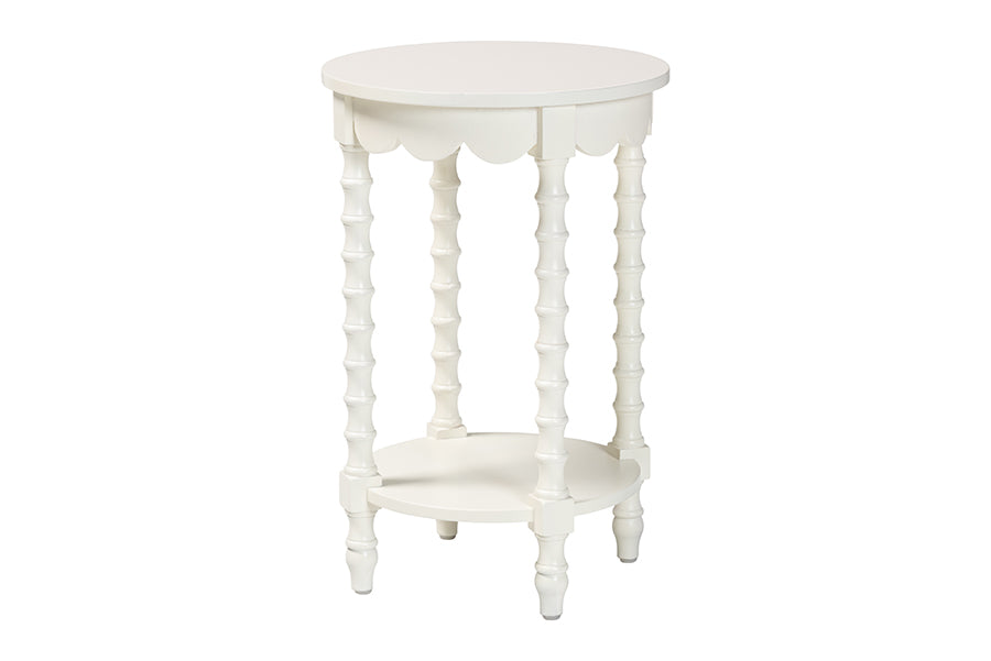 Sally Round Nightstand with Bamboo Inspired Legs - Scalloped Bedroom Side Table with Open Shelf,