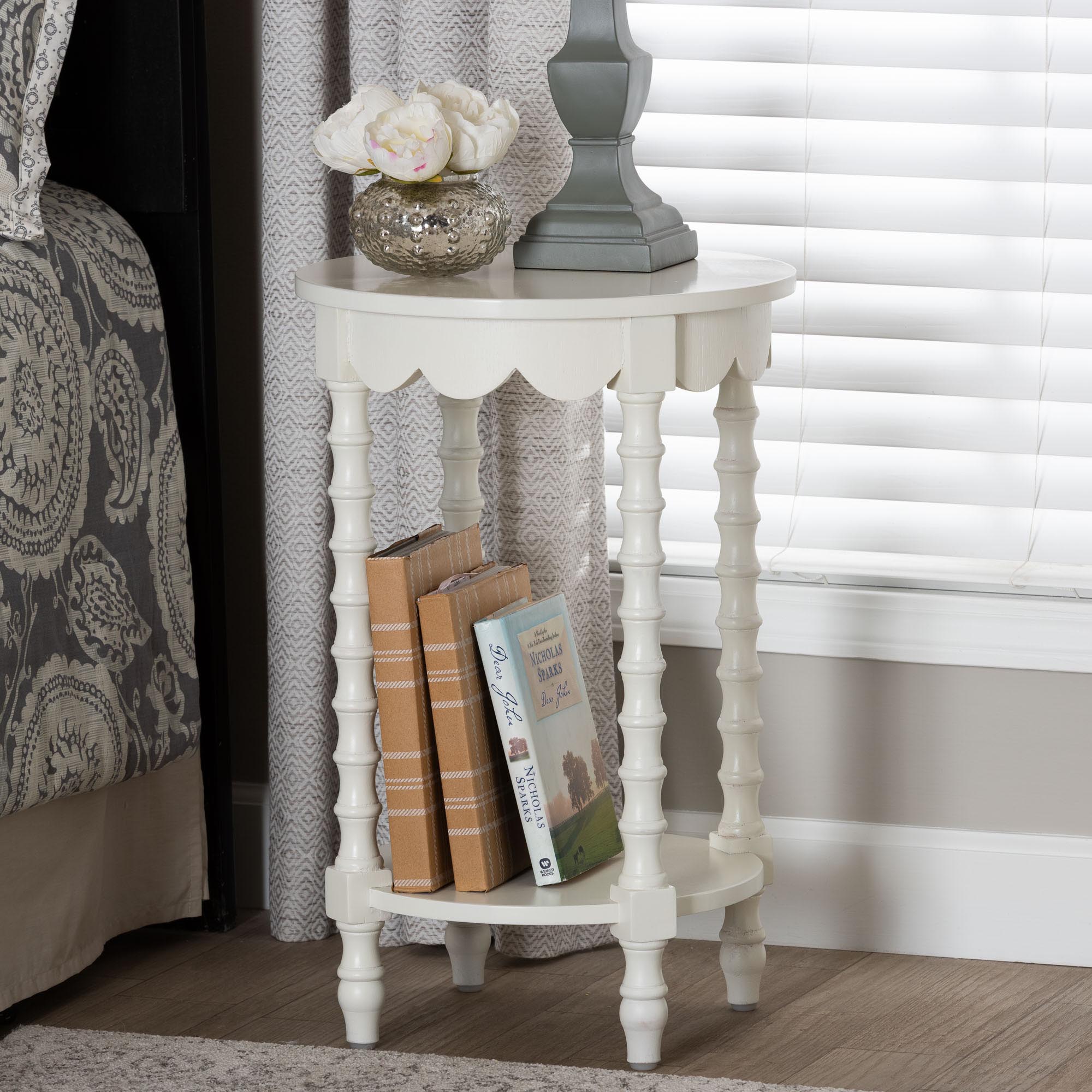 Sally Round Nightstand with Bamboo Inspired Legs - Scalloped Bedroom Side Table with Open Shelf,