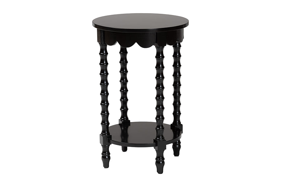 Sally Round Nightstand with Bamboo Inspired Legs - Scalloped Bedroom Side Table with Open Shelf,