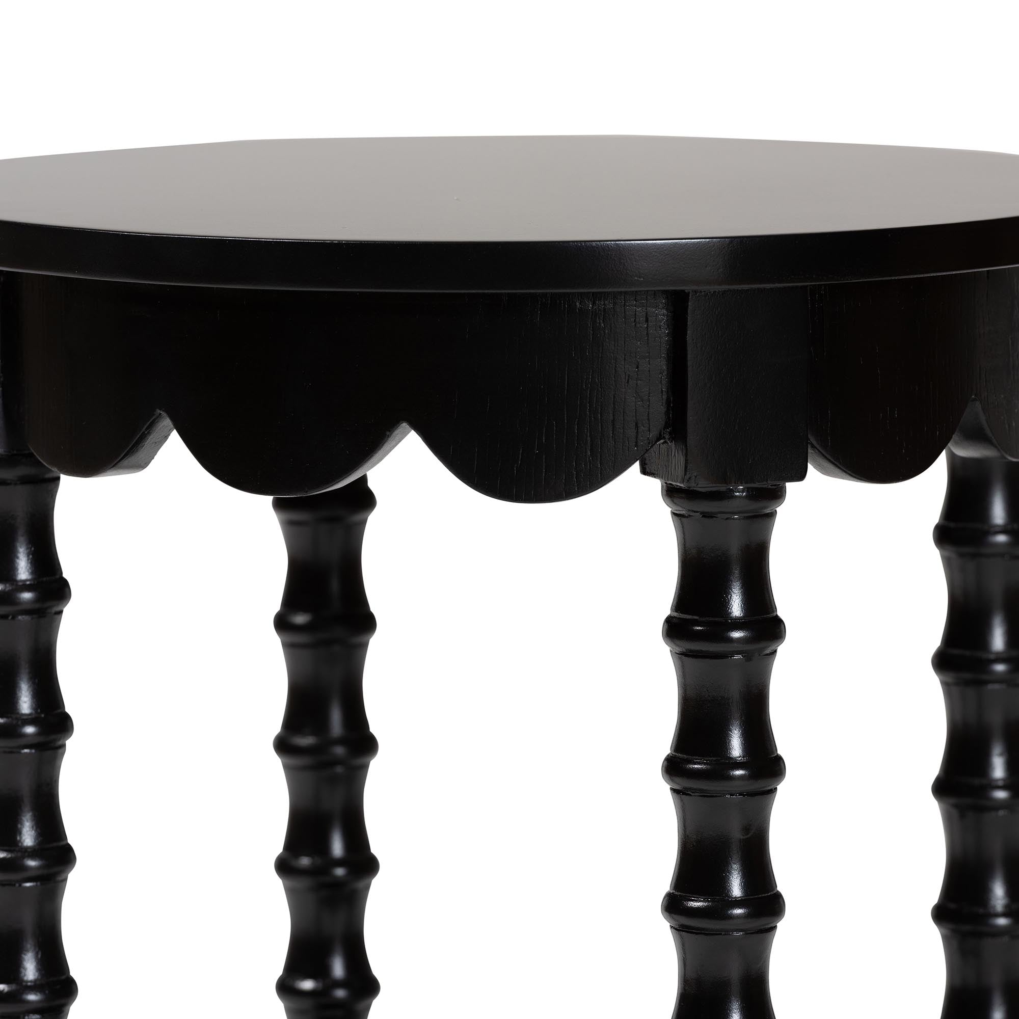 Sally Round Nightstand with Bamboo Inspired Legs - Scalloped Bedroom Side Table with Open Shelf,