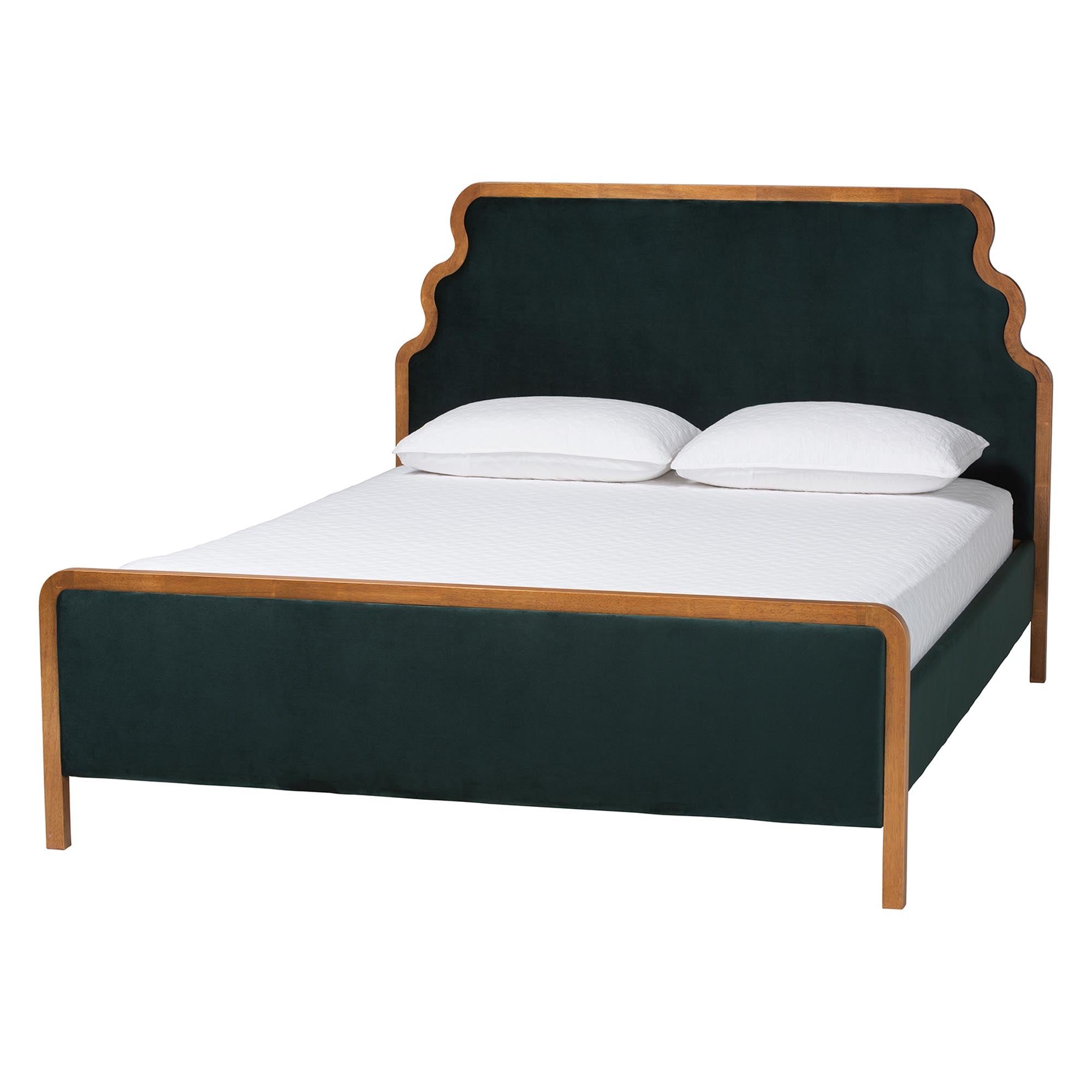 Gerianne Velvet Upholstered Platform Bed - Classic European Bed Frame with Scalloped Headboard and Wood Trim, Modern Luxe Bedroom Furniture,