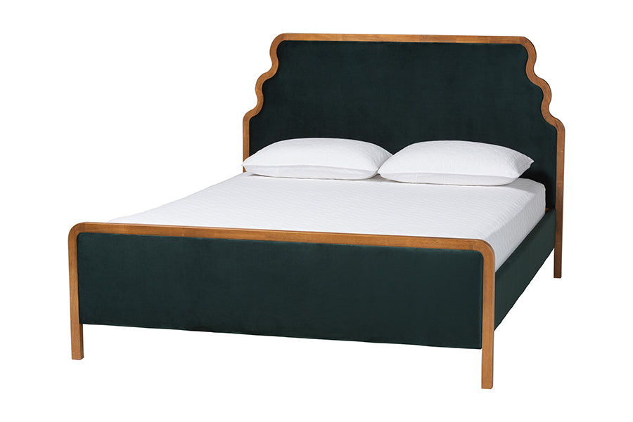 Gerianne Velvet Upholstered Platform Bed - Classic European Bed Frame with Scalloped Headboard and Wood Trim, Modern Luxe Bedroom Furniture,