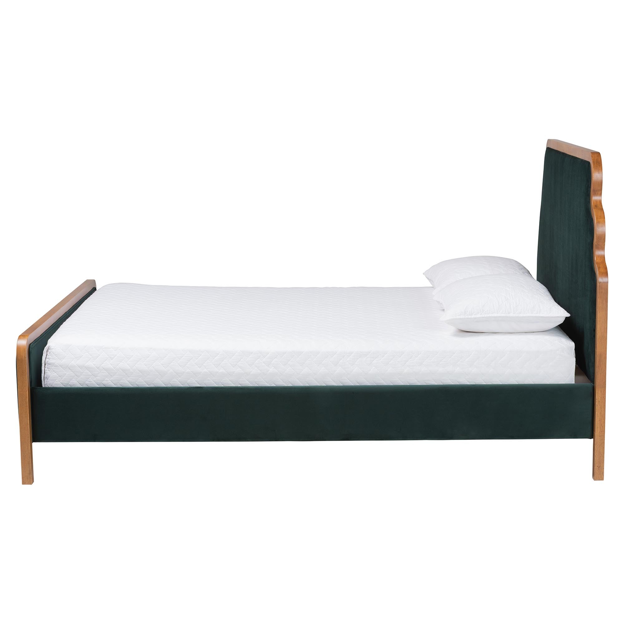 Gerianne Velvet Upholstered Platform Bed - Classic European Bed Frame with Scalloped Headboard and Wood Trim, Modern Luxe Bedroom Furniture,