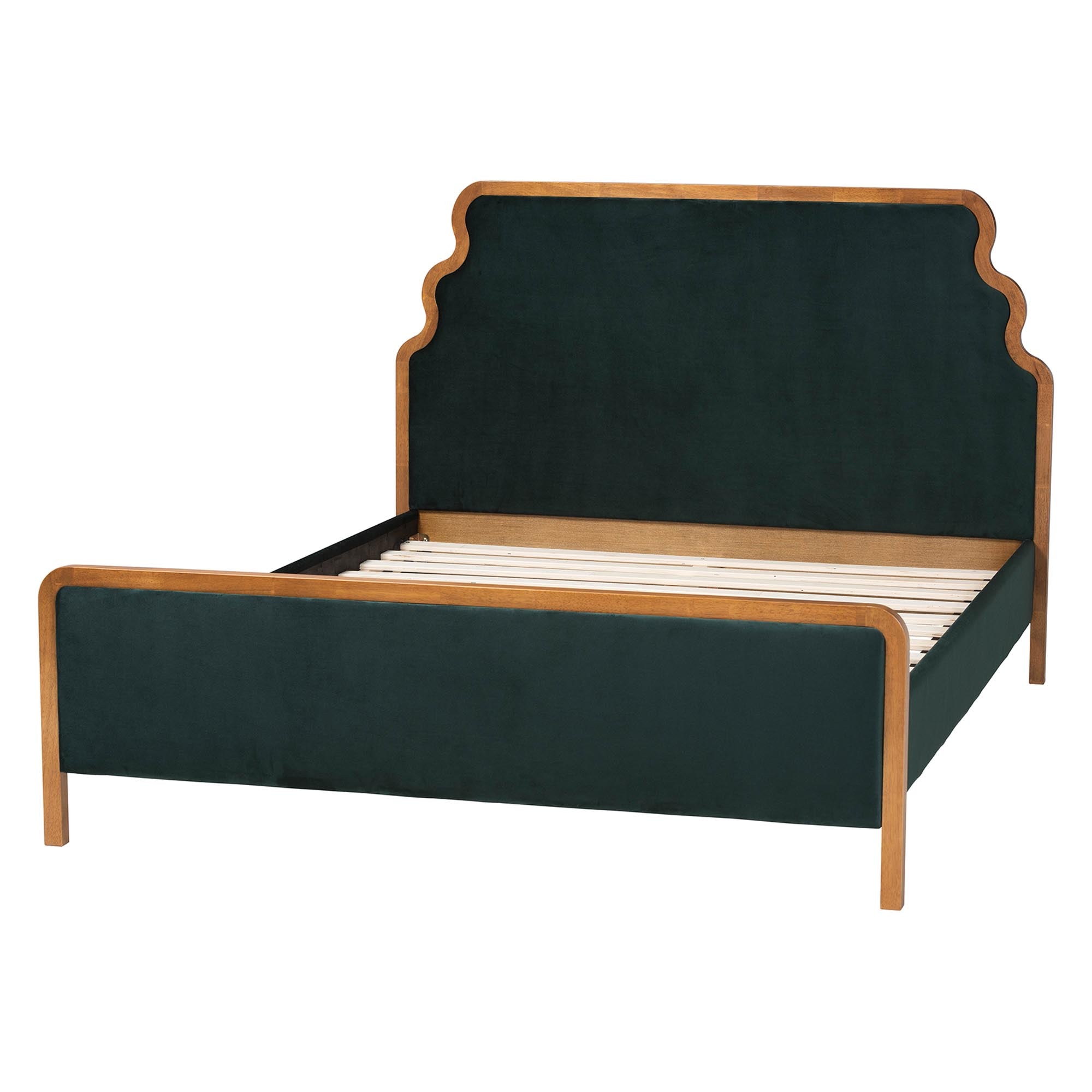 Gerianne Velvet Upholstered Platform Bed - Classic European Bed Frame with Scalloped Headboard and Wood Trim, Modern Luxe Bedroom Furniture,