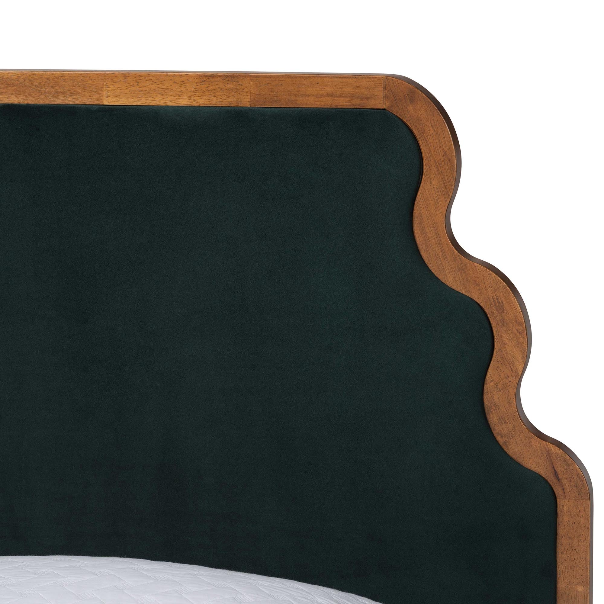 Gerianne Velvet Upholstered Platform Bed - Classic European Bed Frame with Scalloped Headboard and Wood Trim, Modern Luxe Bedroom Furniture,