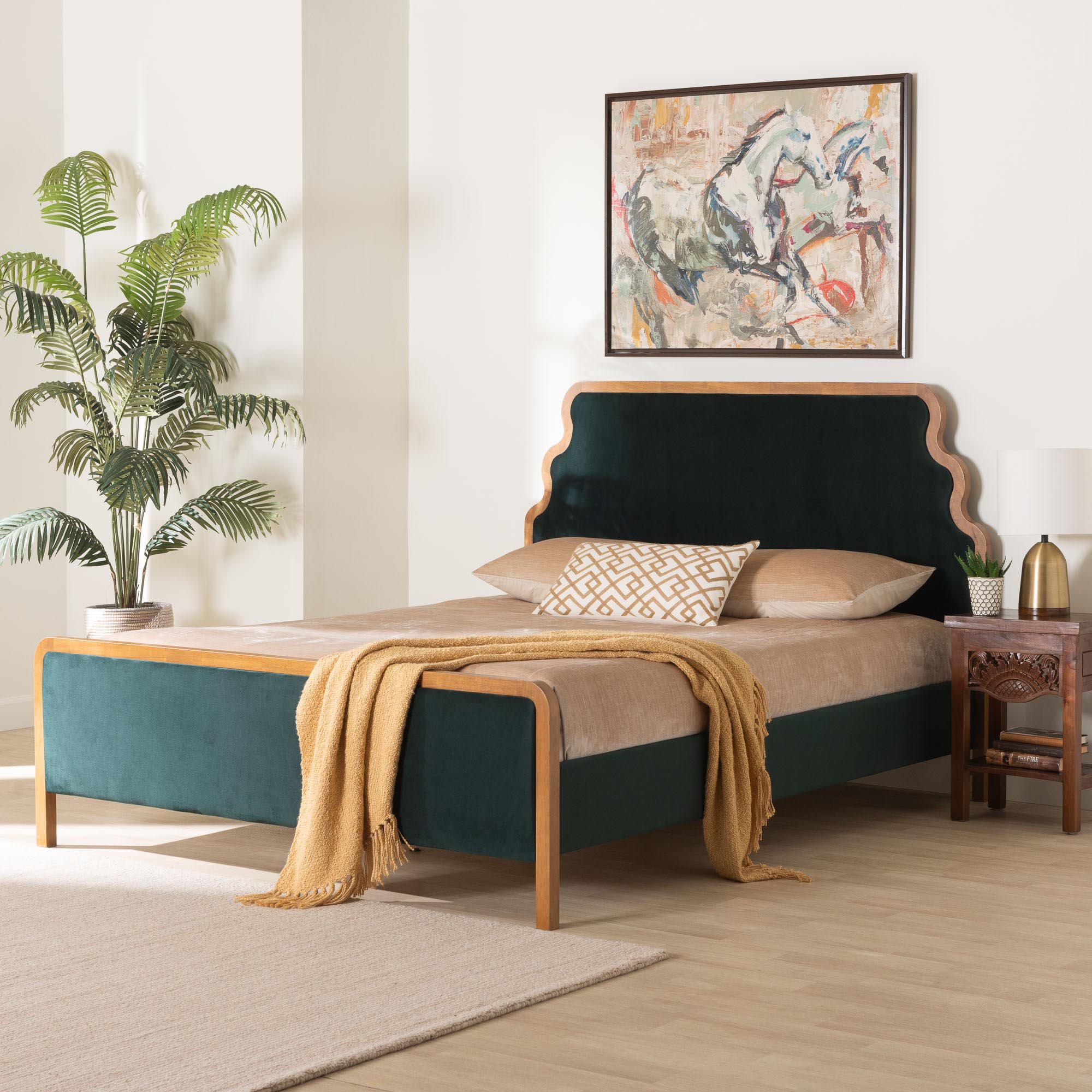 Gerianne Velvet Upholstered Platform Bed - Classic European Bed Frame with Scalloped Headboard and Wood Trim, Modern Luxe Bedroom Furniture,
