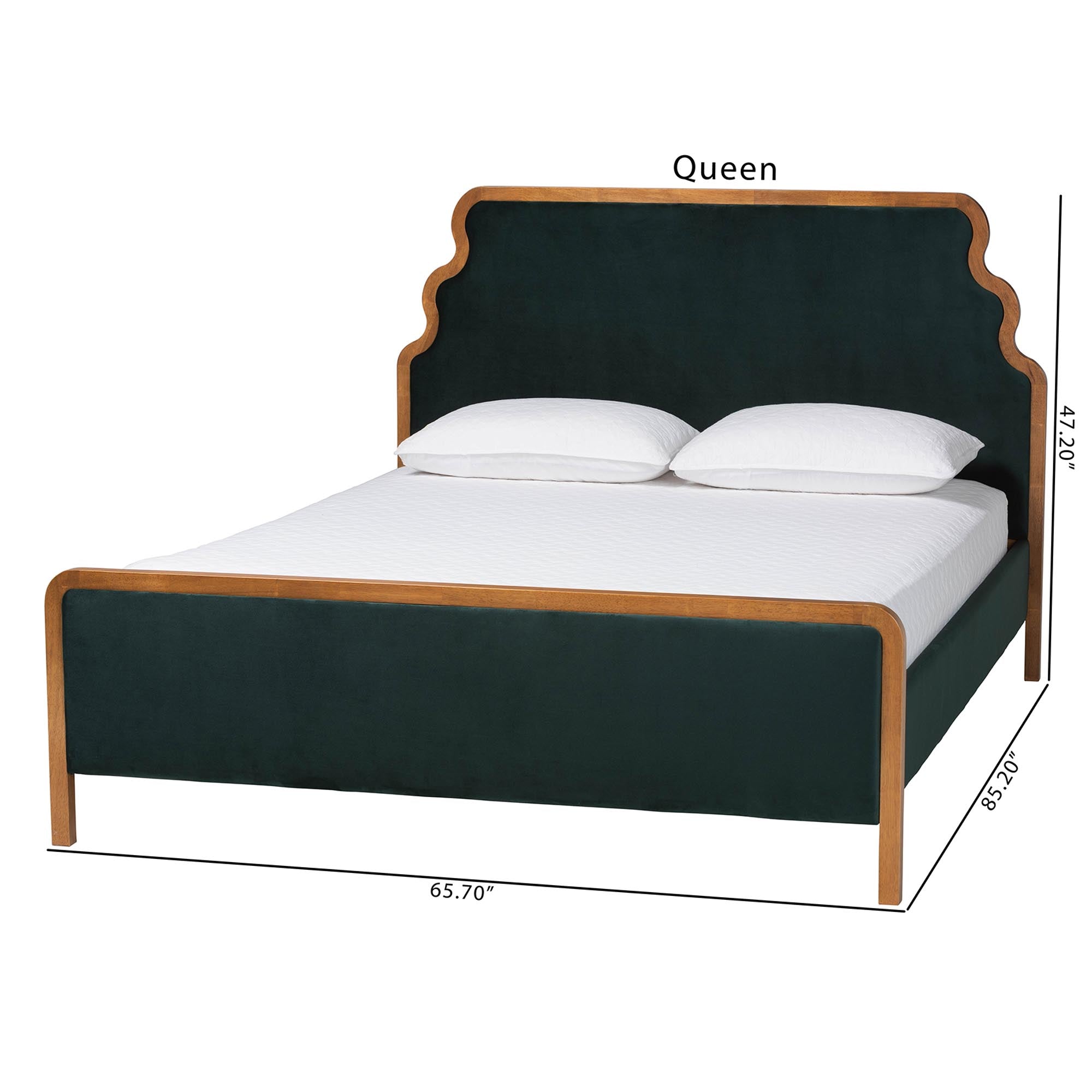 Gerianne Velvet Upholstered Platform Bed - Classic European Bed Frame with Scalloped Headboard and Wood Trim, Modern Luxe Bedroom Furniture,