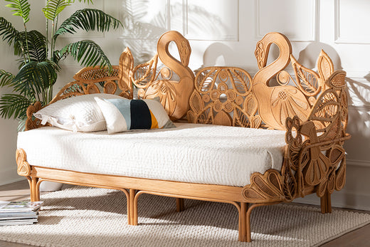 bali & pari Aves Rattan Daybed with Decorative Flamingo Frame - Handwoven Wicker Lounge Bed with Boho Coastal Frame for Living Room, Bedroom, or Sunroom,