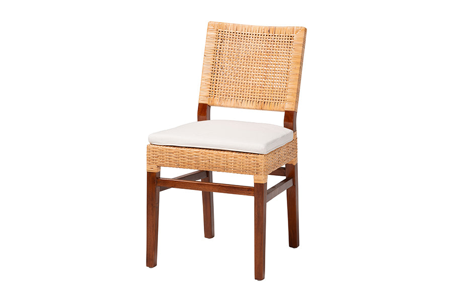 bali & pari Lesia Rattan Dining Chair with Cushion - Handwoven Wicker Side Chair with Mahogany Wood Frame, Coastal Boho Style Seating for Kitchen or Dining Room