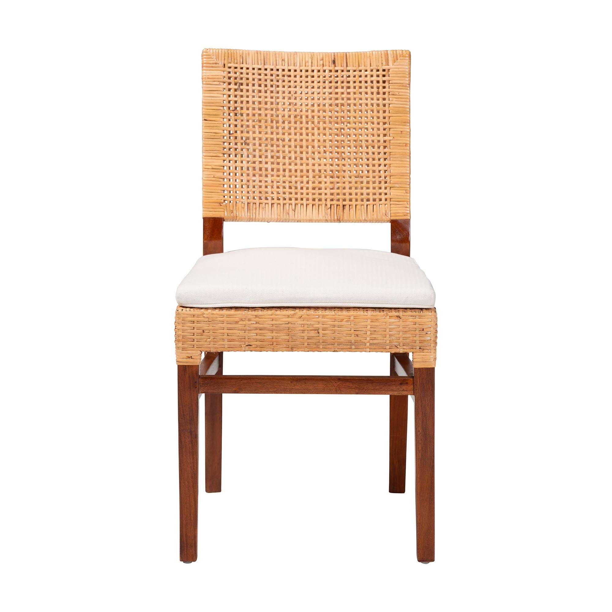 bali & pari Lesia Rattan Dining Chair with Cushion - Handwoven Wicker Side Chair with Mahogany Wood Frame, Coastal Boho Style Seating for Kitchen or Dining Room