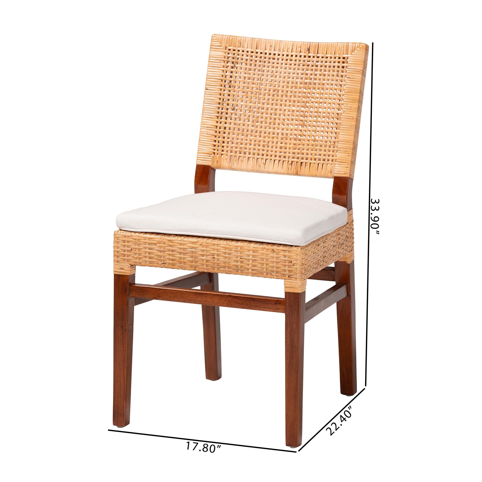 bali & pari Lesia Rattan Dining Chair with Cushion - Handwoven Wicker Side Chair with Mahogany Wood Frame, Coastal Boho Style Seating for Kitchen or Dining Room