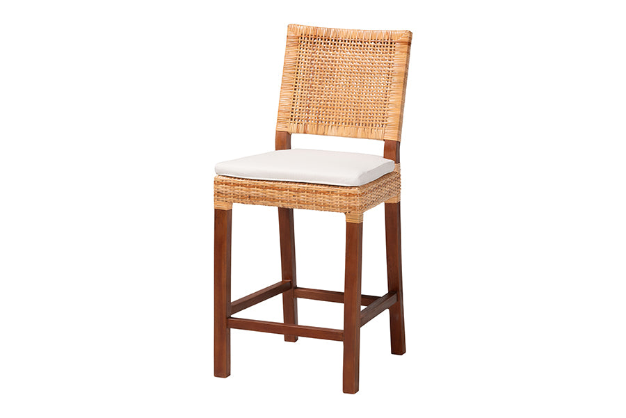 bali & pari Lesia Rattan Counter Stool with Cushion - Handwoven Wicker Stool with Mahogany Wood Frame, Coastal Boho Style for Kitchen Island or Bar Seating