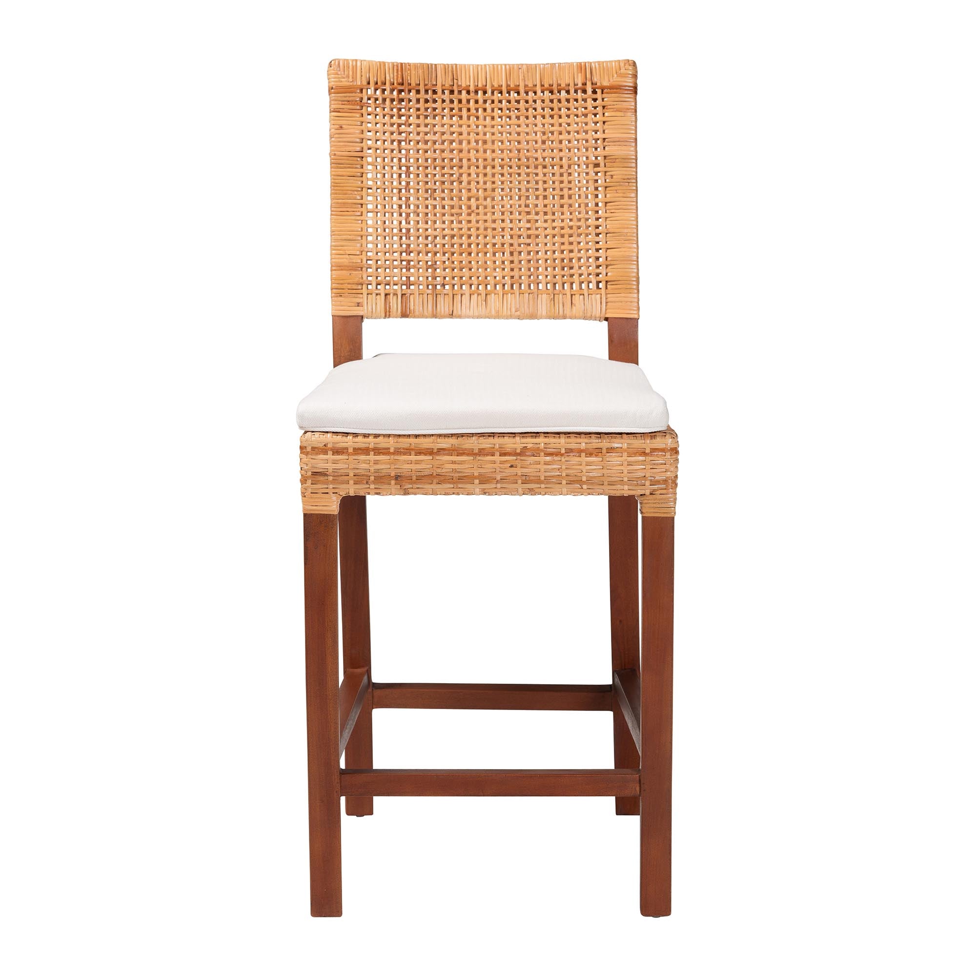 bali & pari Lesia Rattan Counter Stool with Cushion - Handwoven Wicker Stool with Mahogany Wood Frame, Coastal Boho Style for Kitchen Island or Bar Seating