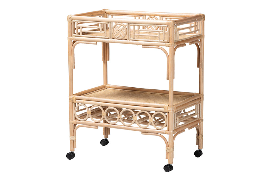 Bali & Pari Molina Rattan Wine Cart 2-Tier Beverage Trolley with Wheel and Bottle Holders, Tropical Coastal Style Furniture