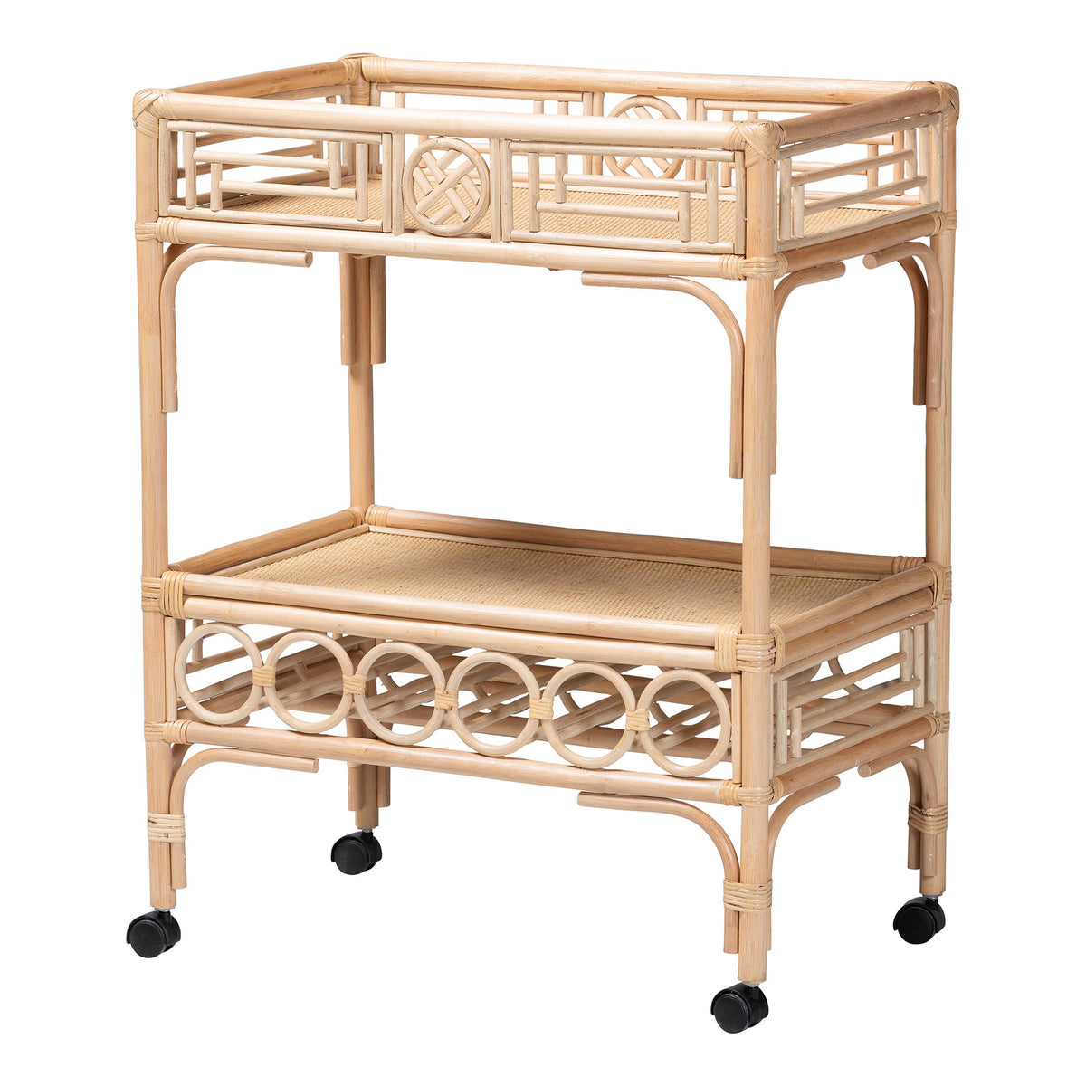 Bali & Pari Molina Rattan Wine Cart 2-Tier Beverage Trolley with Wheel and Bottle Holders, Tropical Coastal Style Furniture