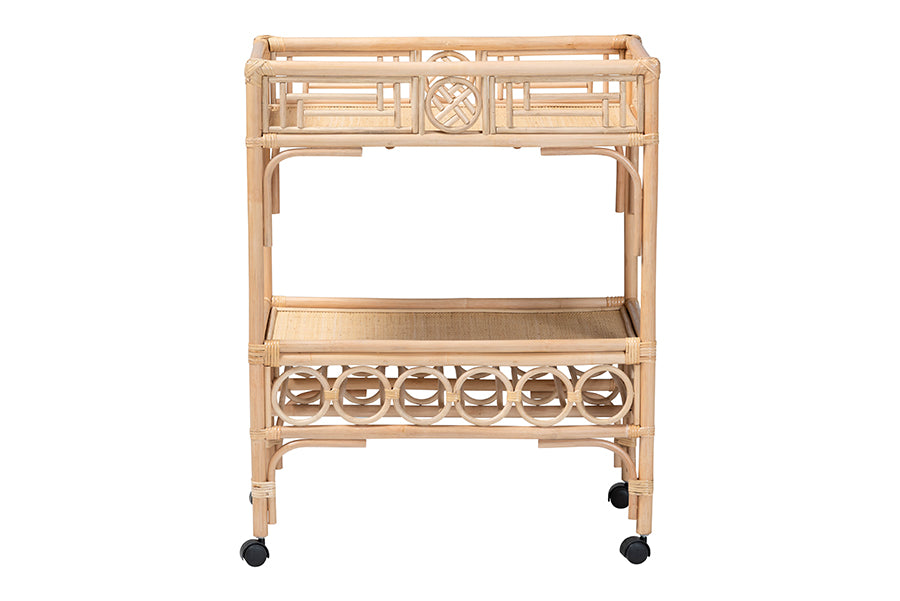 Bali & Pari Molina Rattan Wine Cart 2-Tier Beverage Trolley with Wheel and Bottle Holders, Tropical Coastal Style Furniture