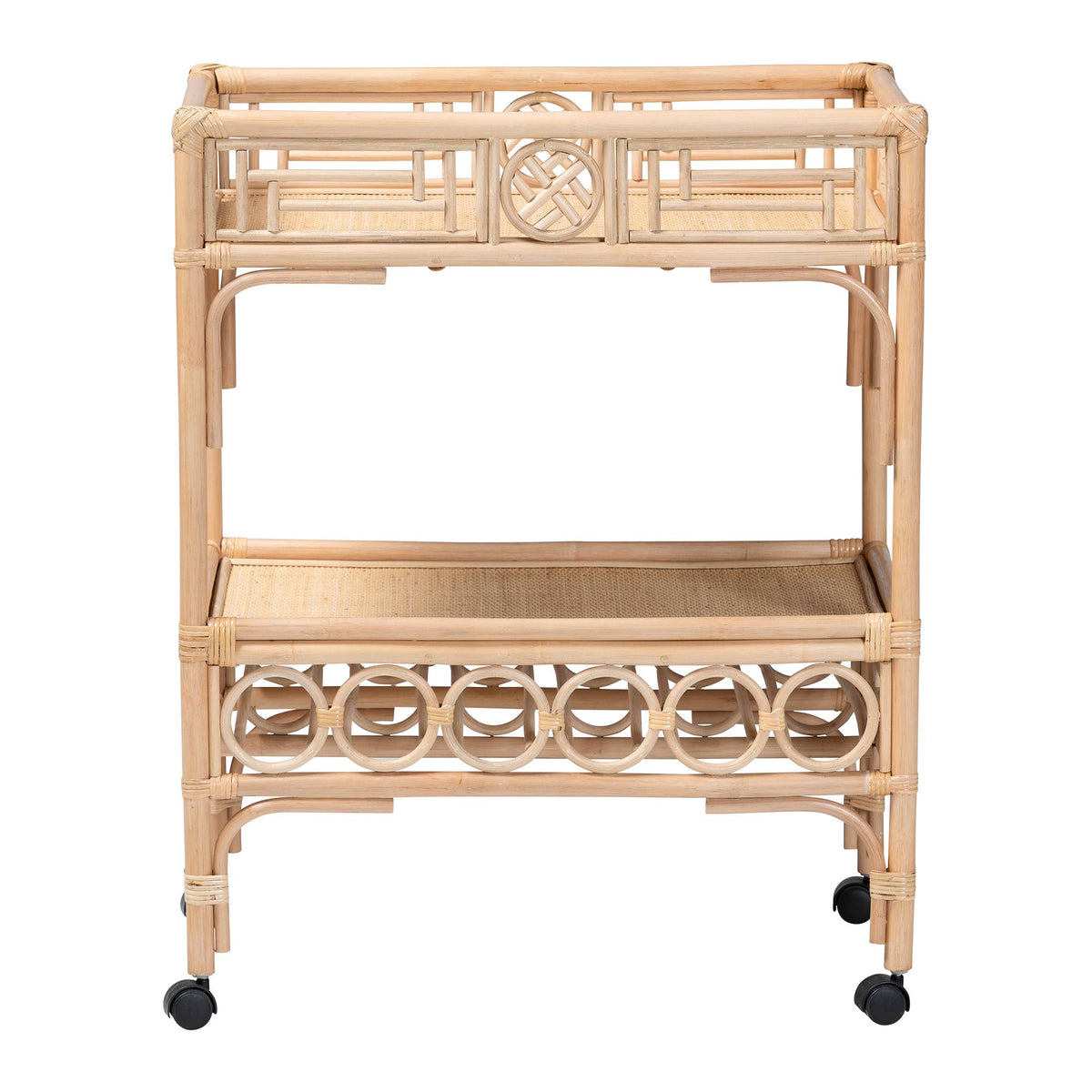 Bali & Pari Molina Rattan Wine Cart 2-Tier Beverage Trolley with Wheel and Bottle Holders, Tropical Coastal Style Furniture