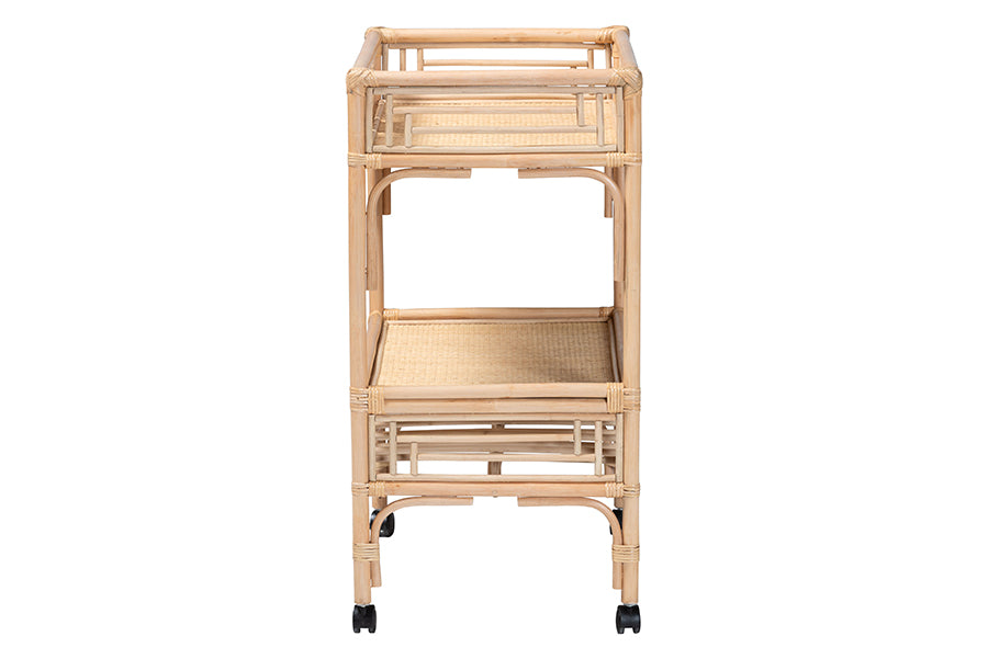 Bali & Pari Molina Rattan Wine Cart 2-Tier Beverage Trolley with Wheel and Bottle Holders, Tropical Coastal Style Furniture