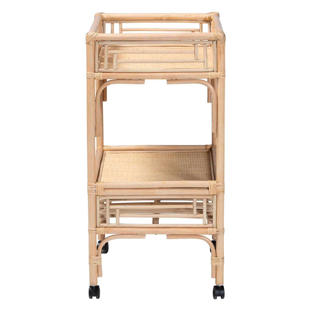 Bali & Pari Molina Rattan Wine Cart 2-Tier Beverage Trolley with Wheel and Bottle Holders, Tropical Coastal Style Furniture