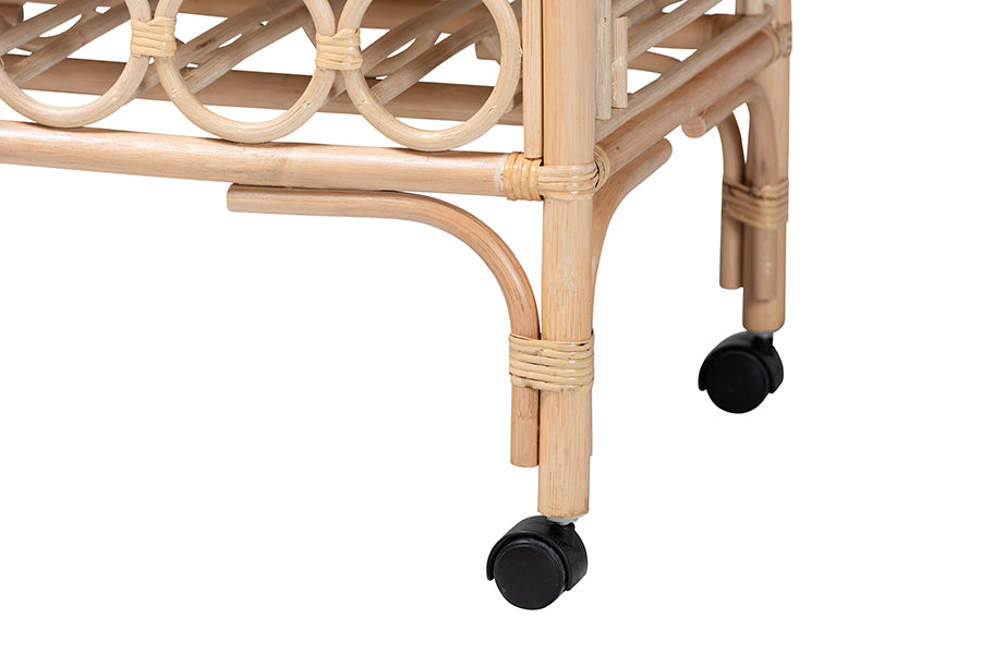 Bali & Pari Molina Rattan Wine Cart 2-Tier Beverage Trolley with Wheel and Bottle Holders, Tropical Coastal Style Furniture