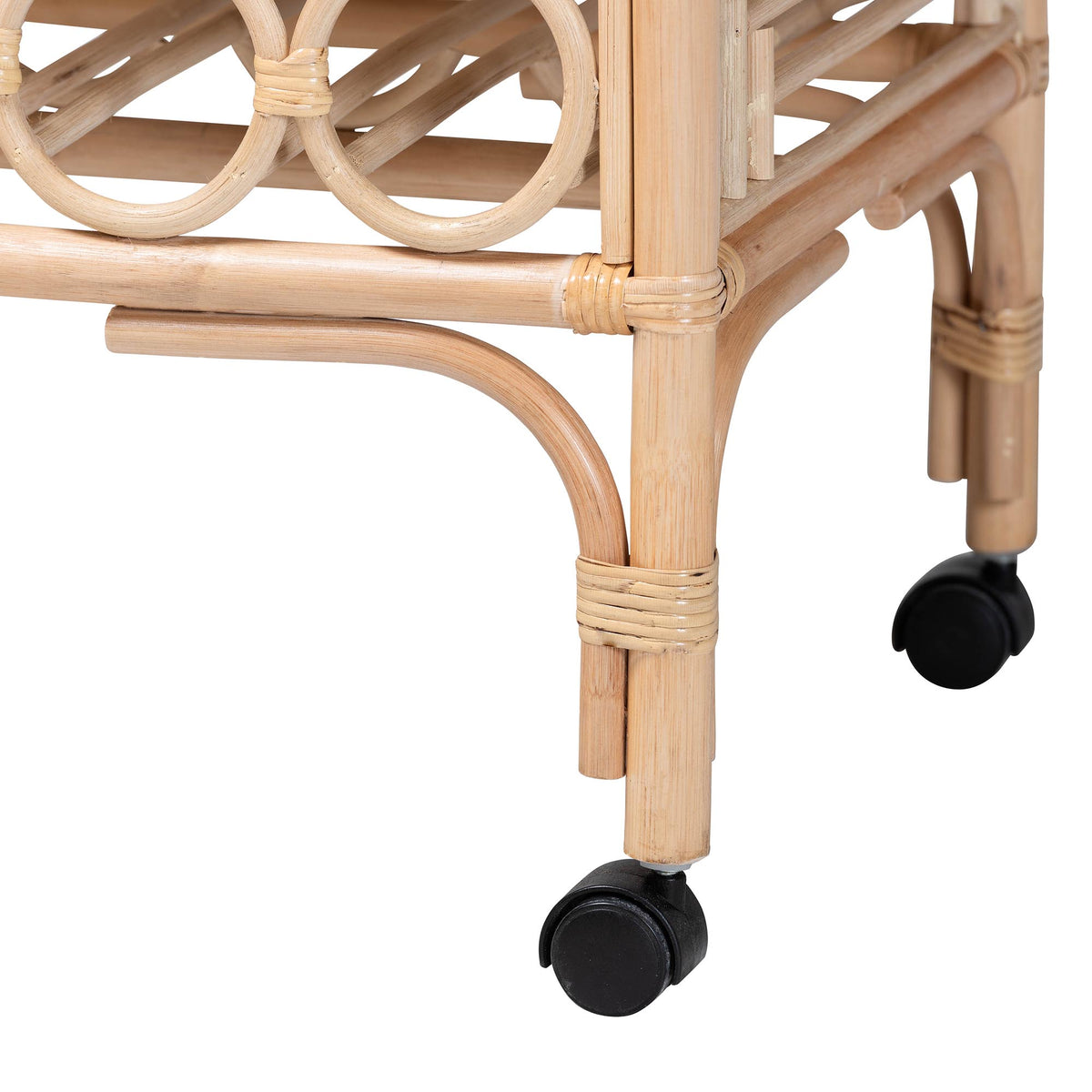 Bali & Pari Molina Rattan Wine Cart 2-Tier Beverage Trolley with Wheel and Bottle Holders, Tropical Coastal Style Furniture