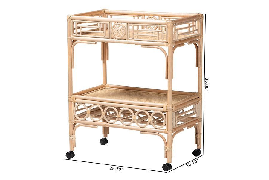 Bali & Pari Molina Rattan Wine Cart 2-Tier Beverage Trolley with Wheel and Bottle Holders, Tropical Coastal Style Furniture