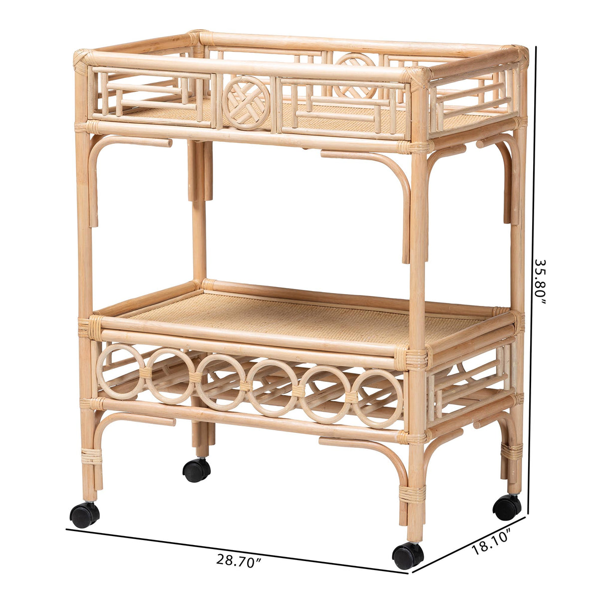 Bali & Pari Molina Rattan Wine Cart 2-Tier Beverage Trolley with Wheel and Bottle Holders, Tropical Coastal Style Furniture