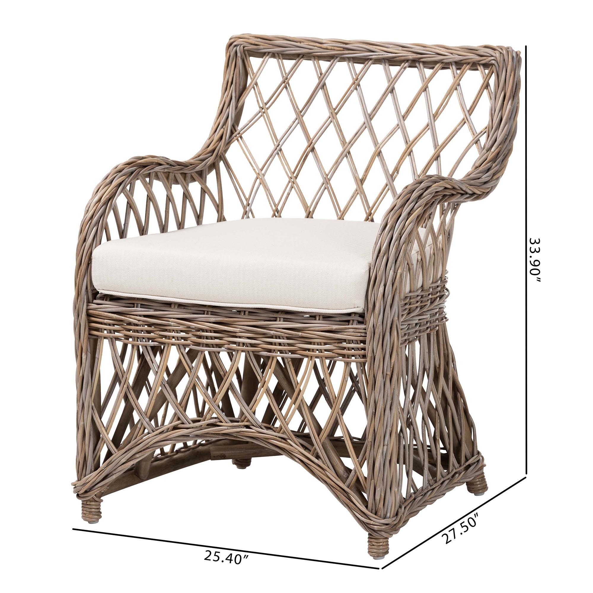 bali & pari Debra Rattan Armchair - Handwoven Open-Weave Wicker Armchair with Curved Silhouette & Removable Cushion, Coastal Boho Style Seating