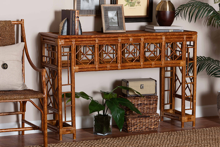 Bali & Pari Wahid Marbled Tortoise Rattan Console Table