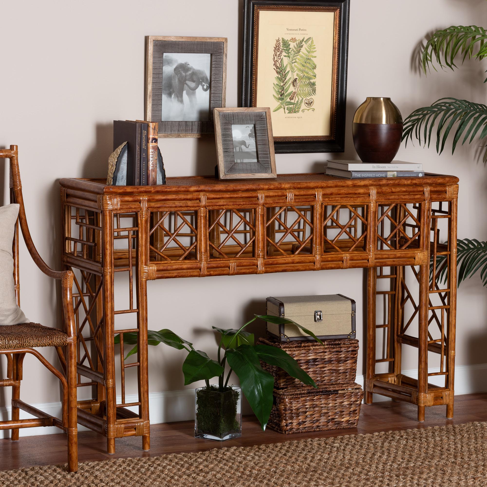 Bali & Pari Wahid Marbled Tortoise Rattan Console Table