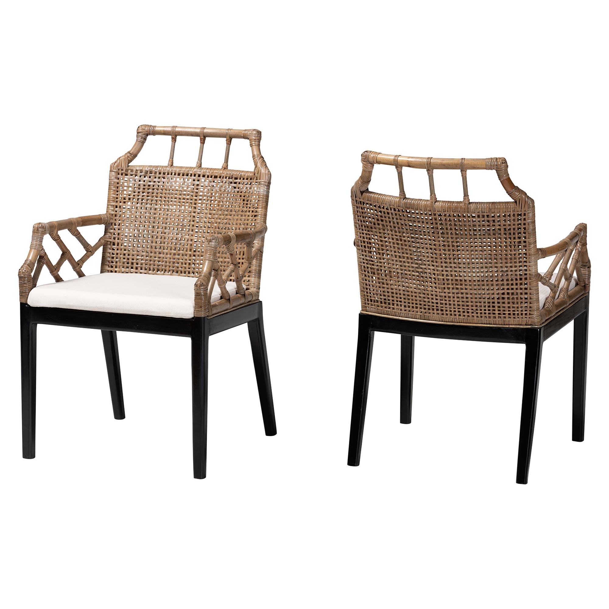bali & pari Abiel Rattan 2-Piece Dining Armchair Set with Cushion - Handwoven Wicker Chair with Mahogany Wood Frame, Coastal Boho Seating for Dining Room or Kitchen