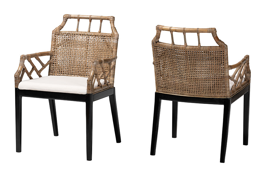 bali & pari Abiel Rattan 2-Piece Dining Armchair Set with Cushion - Handwoven Wicker Chair with Mahogany Wood Frame, Coastal Boho Seating for Dining Room or Kitchen