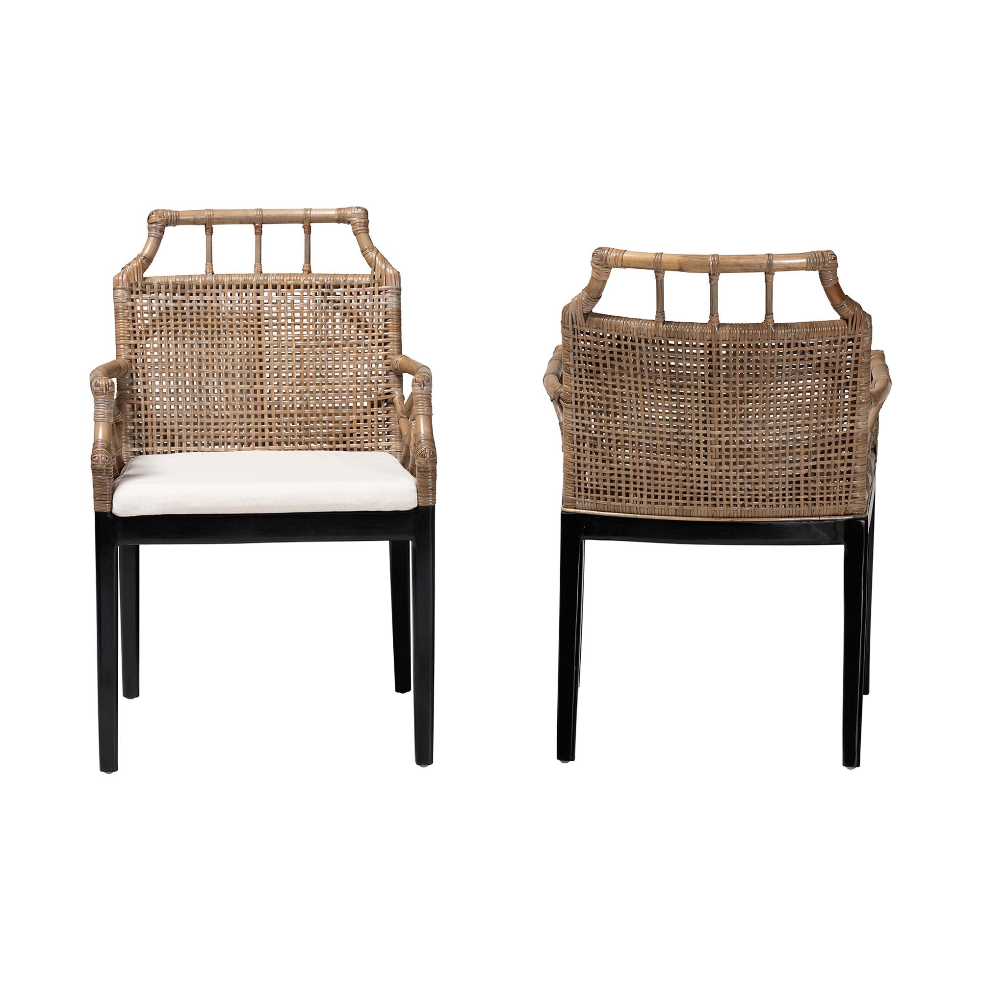 bali & pari Abiel Rattan 2-Piece Dining Armchair Set with Cushion - Handwoven Wicker Chair with Mahogany Wood Frame, Coastal Boho Seating for Dining Room or Kitchen