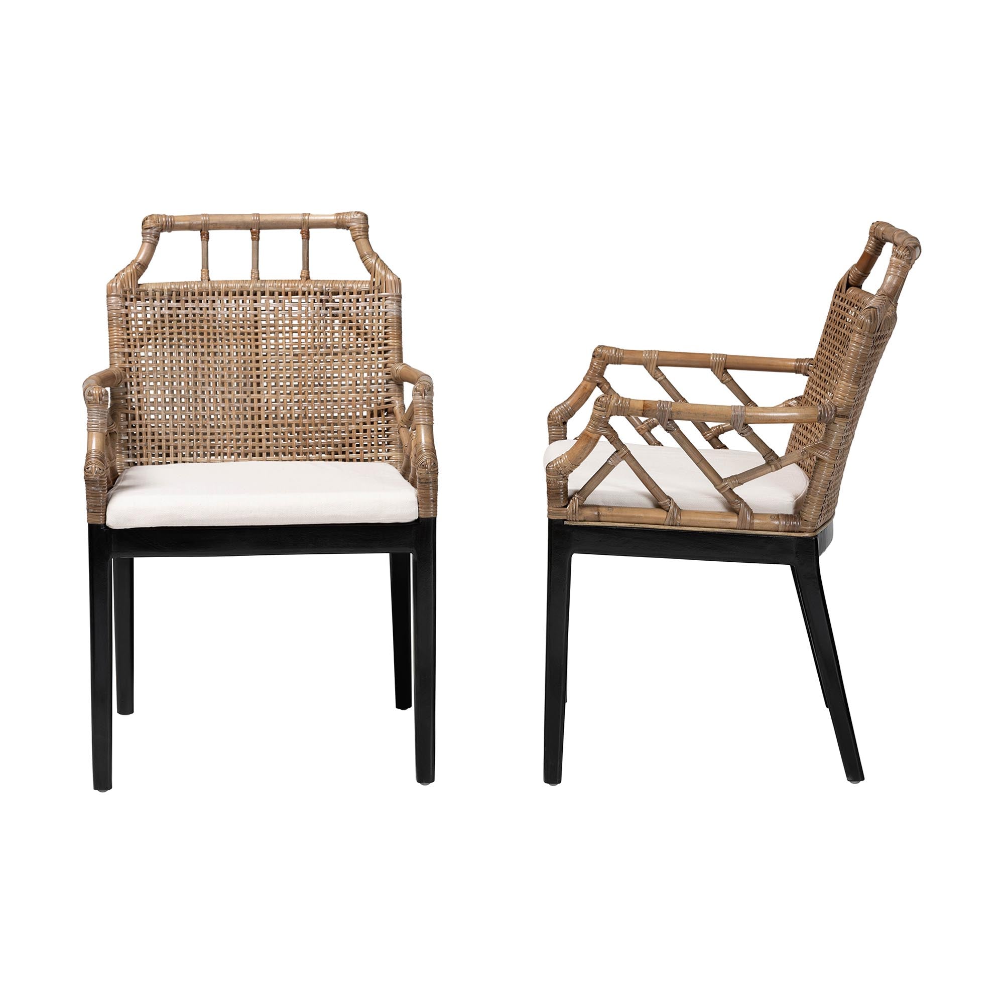 bali & pari Abiel Rattan 2-Piece Dining Armchair Set with Cushion - Handwoven Wicker Chair with Mahogany Wood Frame, Coastal Boho Seating for Dining Room or Kitchen
